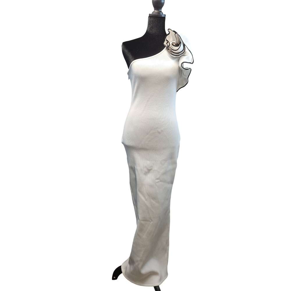 One Shoulder Ribbed Knit Maxi Dress White Black Ruffle Floral Trim Side Zip